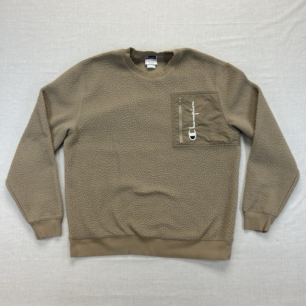 Champion Sherpa Fleece Sweatshirt Men's Large Tan Pullover Chest Pocket Logo Top